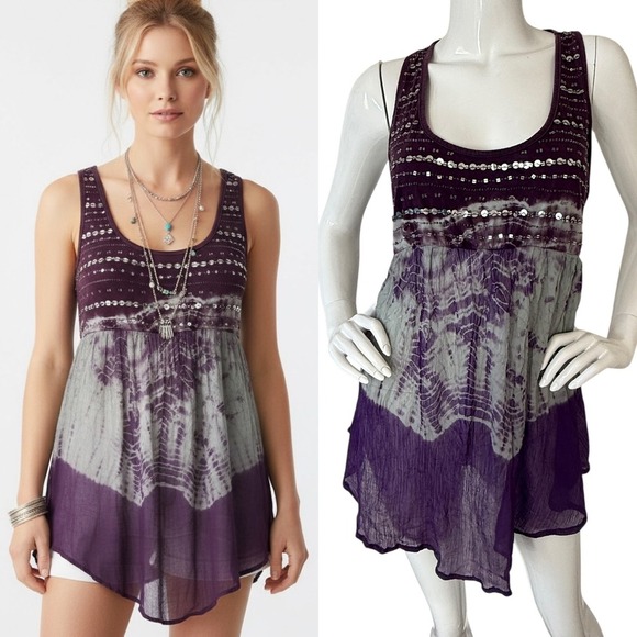 Boho Purple Beaded Sequin Flowy Tie Dye Top XL - Picture 1 of 9